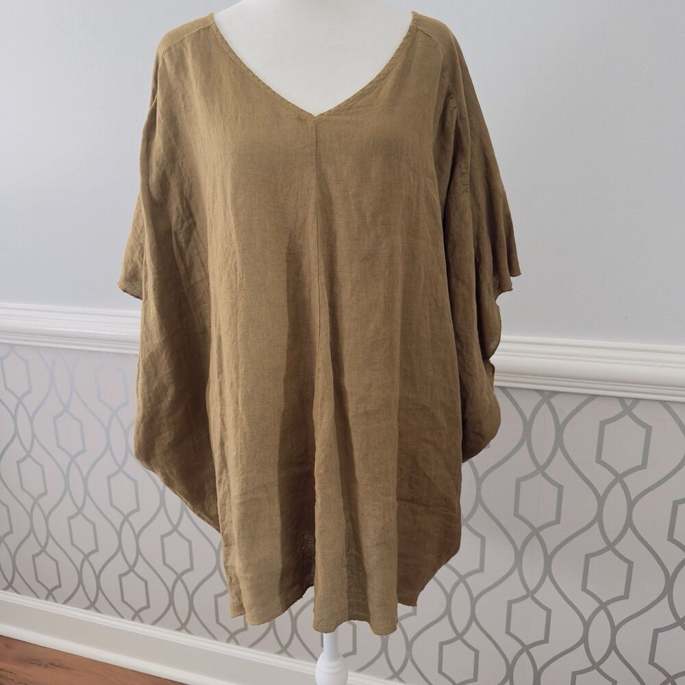 Dejavu Womens Italy 100% Linen Tunic Top OS Brown V-Neck Sleeveless Relaxed Boho